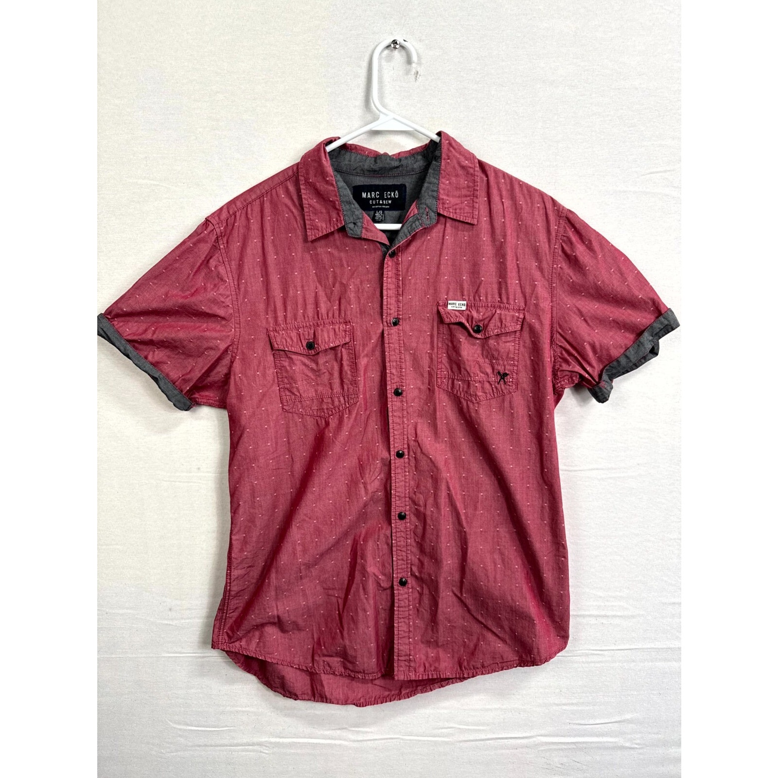 Marc Ecko Shirt Mens Large Maroon Cut & Sew Cotton Short Sleeve Pocket Button Up